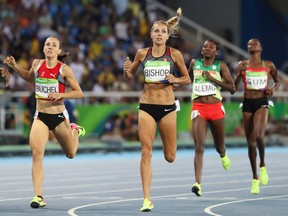 Melissa Bishop of Canada looks up at her time after running the women's 800m semifinal at the Rio 2016 Olympics.