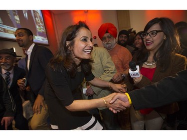 Newly-elected NDP MLA Rashna Singh meets supporters in Surrey, BC Tuesday, May 9, 2017 after her win in the provincial election campaign.