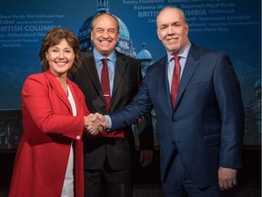 Who will be shaking hands with whom on Wednesday, the day election results become legally fixed and the day Green Leader Andrew Weaver has said he'll announce which of the two main parties he will support. Weaver is flanked by Liberal Leader Christy Clark and NDP Leader John Horgan during the election campaign TV debate.