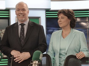B.C. NDP Leader John Horgan and B.C. Liberal Leader Christy Clark after the provincial party leaders' debate at City TV in Vancouver on April 20.
