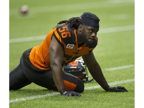 BC Lions #56 Solomon Elimimian stretches prior to playing the Toronto Argonauts in a regular season CFL football game at BC Place Vancouver, July 07 2016.