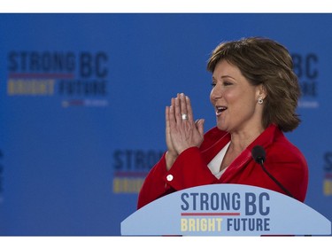 BC Liberal party leader Christy Clark speaks to supporters at Liberal HQ.