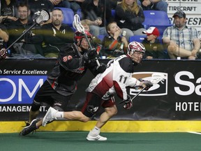 Vancouver Stealth player Peter McFetridge tries to track down Colorado's Taylor Stuart during Saturday's NLL playoff game against the Mammoth at the Langley Events Centre. The Stealth lost 13-12.