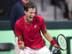 Canada's Vasek Pospisil reacts after breaking Chile's Nicolas Jarry during Davis Cup tennis World Group playoff singles action in Halifax last September.