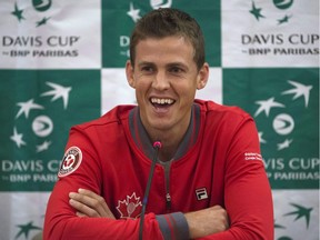 Vasek Pospisil laughs during a news conference following the draw for the Davis Cup first round tie, Thursday, February 2, 2017 in Ottawa. Pospisil downed Go Soeda of Japan 6-1, 6-2 on Sunday to capture the Busan Open Challenger. It's his fifth ATP Challenger title.