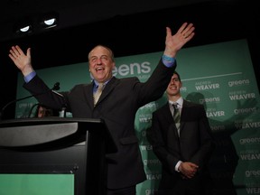 B.C. Green party Leader Andrew Weaver speaks to supporters at election headquarters at the Delta Ocean Pointe in Victoria on Tuesday.