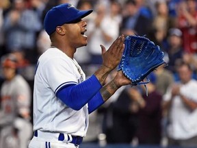 Toronto Blue Jays starting pitcher Marcus Stroman (6) acknowledges the crowd after being taken out of the game against the Baltimore Orioles during eighth inning AL baseball action in Toronto on Wednesday, June 28, 2017. THE CANADIAN PRESS/Nathan Denette