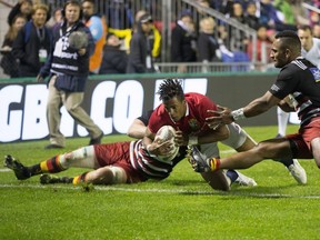 British & Irish Lions winger Anthony Watson scores a try against the New Zealand Provincial Barbarians in Whangarei, New Zealand, Saturday, June 3, 2017. The Lions defeated the Barbarians 13-7.