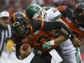 VANCOUVER. June 16 2017. BC Lions # 10 Jonathon Jennings is tackled by Saskatchewan Roughriders # 93 Davis Tull during a preseason CFL football game at BC Place, Vancouver, June 16 2017.  Gerry Kahrmann  /  PNG staff photo) ( Prov / Sun News ) 00049619A   [PNG Merlin Archive]
Gerry Kahrmann, PNG