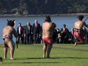British & Irish Lions head coach Warren Gatland leads his squad on to the Waitangi Treaty Grounds during the national welcome ceremony in the Bay of Islands, New Zealand, Sunday, June 4, 2017. The British and Irish Lions began their 10-match tour of New Zealand with a 13-7 win over the New Zealand Provincial Barbarians in Whangarei on Saturday June 3.