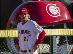 Vancouver Canadians pitcher Bobby Eveld walks to the bullpen before the Canadians took on the Everett AquaSox at Nat Bailey Stadium in Vancouver on June 21.