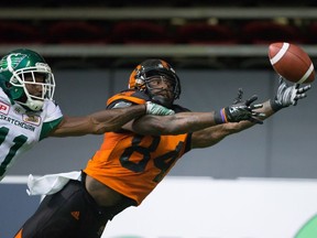 B.C. Lions' Emmanuel Arceneaux, right, will now be catching passes for the Saskatchewan Roughriders after signing a one-year deal with the team on Friday.