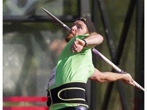 Kyle Nielsen competes in the men's javelin event at the 2017 Vancouver Sun Harry Jerome Track Classic at Percy Perry stadium in Coquitlam on Wednesday, June 28.