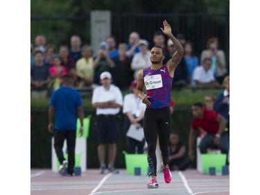 Andre De Grasse gestures to the crowd prior to running the men's 100m event at the 2017 Vancouver Sun Harry Jerome Track Classic at the Percy Perry stadium, Coquitlam on June 28 2017.