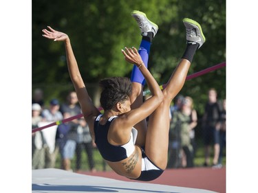 Wanetta Kirby lands after failing to clear the bar in the women's high jump event at the 2017 Vancouver Sun Harry Jerome Track Classic at the Percy Perry stadium, Coquitlam, June 28 2017.