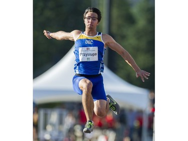 Michael Przystupa competes mens long jump event at the 2017 Vancouver Sun Harry Jerome Track Classic at the Percy Perry stadium, Coquitlam, June 28 2017.