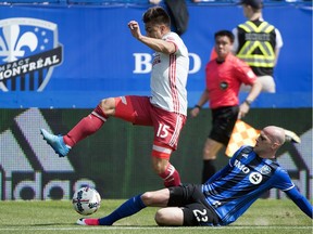 Montreal Impact's Laurent Ciman, right, challanges Atlanta United's Hector Villalba during first-half MLS soccer game action in Montreal in April.