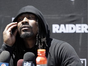 Oakland Raiders running back Marshawn Lynch fields questions after the team's organized team activity at its NFL football training facility Tuesday, June 6, 2017, in Alameda, Calif.