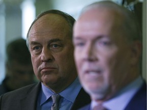 Green party LeaderAndrew Weaver and NDP Leader John Horgan discuss their governance agreement. B.C. Green party leader Andrew Weaver and B.C. NDP leader John Horgan speak to media after announcing they'll be working together to help form a minority government during a press conference at Legislature in Victoria, B.C., on Monday, May 29, 2017.