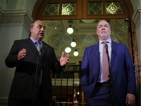 Green party leader Andrew Weaver and B.C. NDP leader John Horgan announced new campaign finance rules earlier this week.