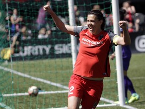 Portland Thorns forward Christine Sinclair celebrates scoring a goal during the second half of their NWSL soccer match against the Orlando Pride in Portland, Ore., Saturday, April 15, 2017. Sinclair has carried the Maple Leaf at the Olympics, represented her country 259 times, scored 168 goals and led Canada to back-to-back Olympic medals.