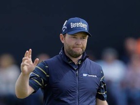 South Africa&#039;s Branden Grace celebrates his birdie on the 14th hole during the third round of the British Open Golf Championship, at Royal Birkdale, Southport, England, Saturday July 22, 2017. (AP Photo/Alastair Grant)