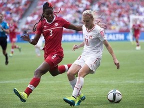 Canada&#039;s Kadeisha Buchanan fights for control of the ball with Switzerland&#039;s Lara Dickenmann during the first half of the FIFA Women&#039;s World Cup round of 16 soccer action in Vancouver on Sunday, June 21, 2015. Buchanan has been named the 2016-17 Big 12 Female Athlete of the Year. THE CANADIAN PRESS/Jonathan Hayward