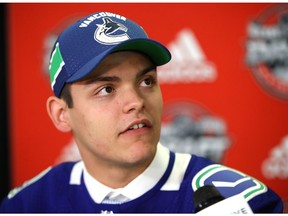 Michael DiPietro is interviewed after being selected 64th overall by the Vancouver Canucks during the 2017 NHL entry draft at the United Center in Chicago.