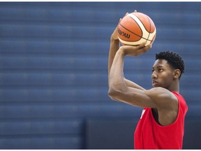 R.J. Barrett

R.J. Barrett, 17, practices his shot with members of the U19 basketball Canada team during practice in Mississauga, Ont., on Tuesday, June 20, 2017. THE CANADIAN PRESS/Nathan Denette ORG XMIT: NSD305
Nathan Denette,
