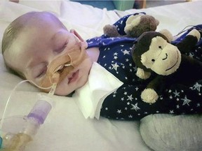 This is an undated photo of sick 11-month old baby Charlie Gard provided by his family, taken at Great Ormond Street Hospital in London. British media are reporting a family announcement that 11-month old Charlie Gard, has died Friday July 28, 2017.