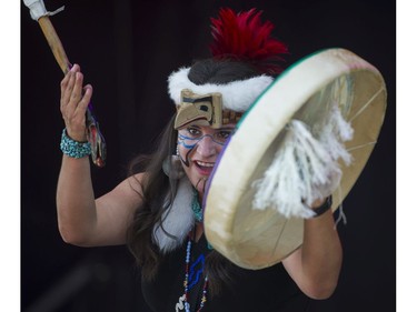 Helen Allan, indian name Neilatooatsie performs with DJ Dash and The Dakhka Khwaan Dancers the at the Canada Day celebrations at Canada Place, Vancouver, July 01 2017.