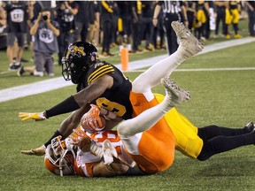 Hamilton Tiger-Cats cornerback Keon Lyn was flagged for pass interference on this play, but B.C. Lions receiver Bryan Burnham still made the one-handed touchdown catch during last Saturdays game in Hamilton.