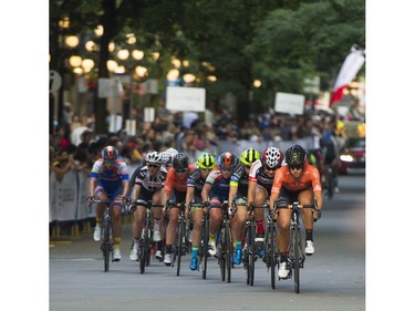 Riders compete in the Womens 35 lap / 42 km Global Relay Gastown Grand Prix , Vancouver, July 12 2017.