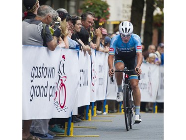 Liam Magennis created a large lead from the pack in the Men's 50 lap / 60 km Global Relay Gastown Grand Prix , Vancouver, July 12 2017.