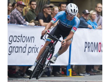 Liam Magennis created a large lead from the pack in the Mens 50 lap / 60 km Global Relay Gastown Grand Prix , Vancouver, July 12 2017.