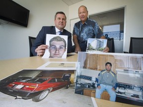 Sgt. Mike Heard (left), holding a drawing of 'person of interest', and retired homicide detective Ron Symes (at right) in Vancouver, B.C., July 5, 2017.