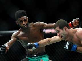 Aljamain Sterling, left, battles Augusto Mendes during their Bantamweight bout on UFC Fight Night at the Sprint Center in Kansas City, Miss., in April.