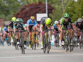John Murphy, of Horse Shoe, N.C., is stoked to be competing in B.C. Superweek. He's in the front of this race fashioning the neon green helmet.