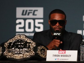 NEW YORK, NY - NOVEMBER 10:  UFC Welterweight Champion Tyron Woodley answers a question during the UFC 205 press conference at The Theater at Madison Square Garden on November 10, 2016 in New York City.  (Photo by Michael Reaves/Getty Images)