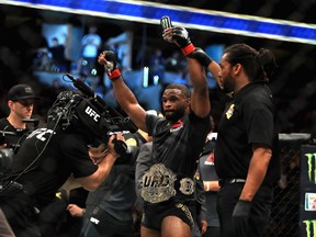Tyron Woodley reacts to defeating Demian Maia in his welterweight title bout at UFC 214 at Honda Center on July 29, 2017, in Anaheim, California.