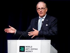 FILE - This is a Monday March 13, 2017 file photo of lawyer Richard McLaren, investigator and report author for the world anti-doping agency , WADA, as he delivers his speech addressing his findings on Russian State-Sponsored doping systems during the opening day of the 2017 world anti-doping agency annual symposium, at the Swiss Tech Convention Center, in Lausanne, Switzerland. The World Anti-Doping Agency says the Russian government must accept the findings of a report which accused it of over