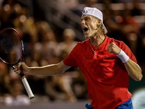 Denis Shapovalov celebrates a point against Rafael Nadal on centre court at the Rogers Cup at Uniprix Stadium in Montreal, on Thursday, August 10, 2017.