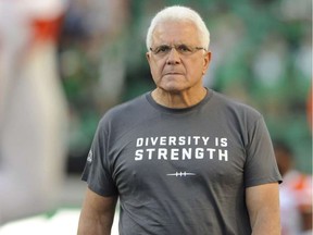 B.C. Lions head coach Wally Buono sports a &ampquot;Diversity is Strength&ampquot; T-shirt on the sidelines before taking on the Saskatchewan Roughriders in CFL football action in Regina on Sunday, August 13, 2017. THE CANADIAN PRESS/Mark Taylor