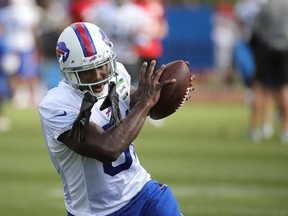FILE- In this Aug. 8, 2017, file photo, newly acquired Buffalo Bills receiver Anquan Boldin makes a catch during passing drills at NFL football training camp in Pittsford, N.Y. Boldin abruptly announced his retirement just under two weeks after signing with the Buffalo Bills. General manager Brandon Beane made it official Sunday, Aug. 20, by saying the team respects Boldin&#039;s decision to retire. (Jaime Germano/Democrat & Chronicle via AP, File)