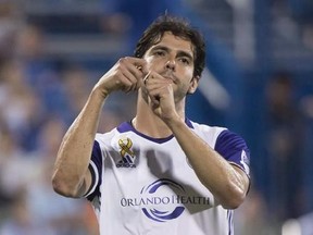 Orlando City FC midfielder Kaka celebrates his goal against the Montreal Impact during second half MLS action Wednesday, September 7, 2016 in Montreal. Orlando&#039;s Kaka has retained his status as MLS&#039; highest-paid player for the third straight season at US$7,167,500 while No. 2 Sebastian Giovinco heads up a Toronto trio of big-ticket designated players pulling down a combined $18.5 million this season. THE CANADIAN PRESS/Paul Chiasson