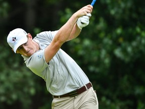 Kimberly's Jared du Toit of Canada tees off from the fifth hole during round one of the Mackenzie Investments Open held in July at Club de Golf Les Quatre Domaines in Mirabel, Que.