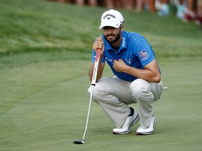 Adam Hadwin, shown lining up a putt during the third round of play on Saturday, saw his game get back on track last weekend at the World Golf Championships-Bridgestone Invitational in Akron, Ohio.