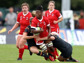 Latoya Blackwood of Canada is tackled during the Women's Rugby World Cup 2017 match between Canada and Wales on August 13, 2017 in Dublin, Ireland.