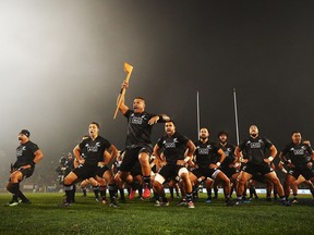 Hikawera Elliot of the Maori All Blacks leads the haka during the match between the New Zealand Maori and the British & Irish Lions at Rotorua International Stadium in June.