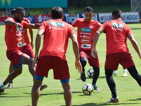 Costa Rican and Whitecaps player Kendall Waston (L) and goalkeeper Keylor Navas (2-R) take part in a training session at the Proyecto Gol sport complex in San Rafael de Alajuela, Costa Rica, on August 30, 2017 ahead of their September 1 FIFA World Cup qualifier football match against the United States.